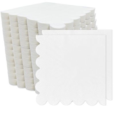 RINDOJIN 200 Pieces 2-Ply White Scalloped Napkins Folded 5 x 5 inch Disposable Cocktail Napkins Paper Napkins for Dinner Wedding Birthday Party White Beverage Napkins