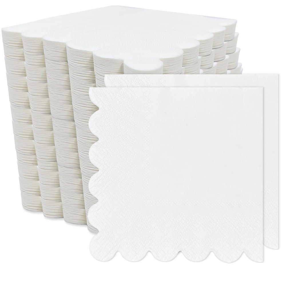 RINDOJIN 200 Pieces 2-Ply White Scalloped Napkins Folded 5 x 5 inch Disposable Cocktail Napkins Paper Napkins for Dinner Wedding Birthday Party White Beverage Napkins