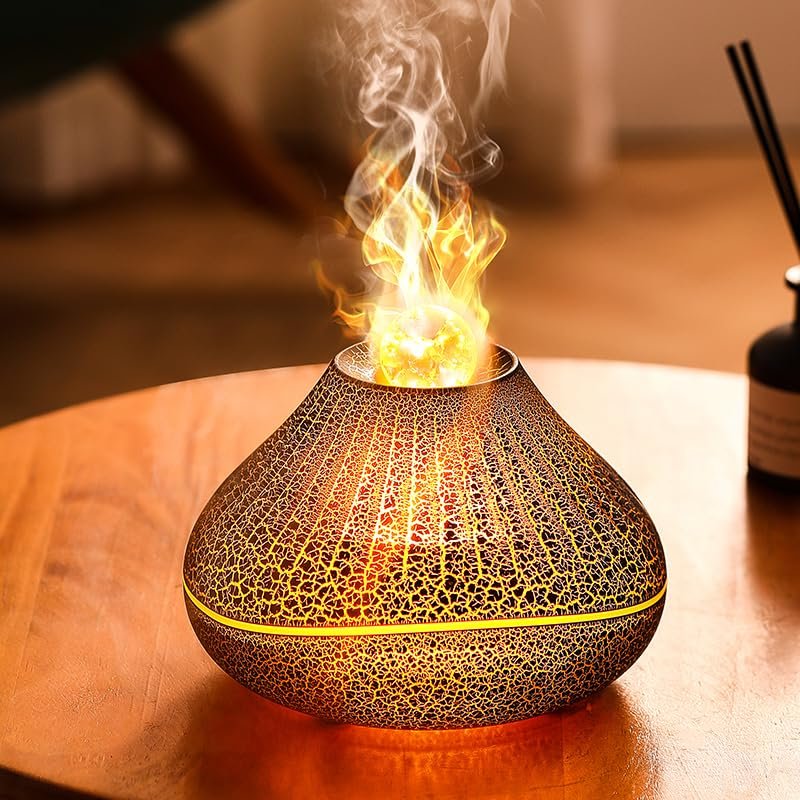 OKYUK Aromatherapy Flame Fire Diffuser Humidifier, 7-Color Changing Oil Diffuser, Ultra-Quiet Essential Oil Aromatherapy Diffuser Perfect for Large Room, Bedroom, Office (Volcanic Crack)