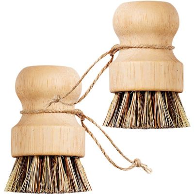 2pcs Wooden Dish Scrub Brushes, Short Handle Pot Scrubbing Brush, Round Mini Dish Brush for Cleaning Pots, Pans, Plate