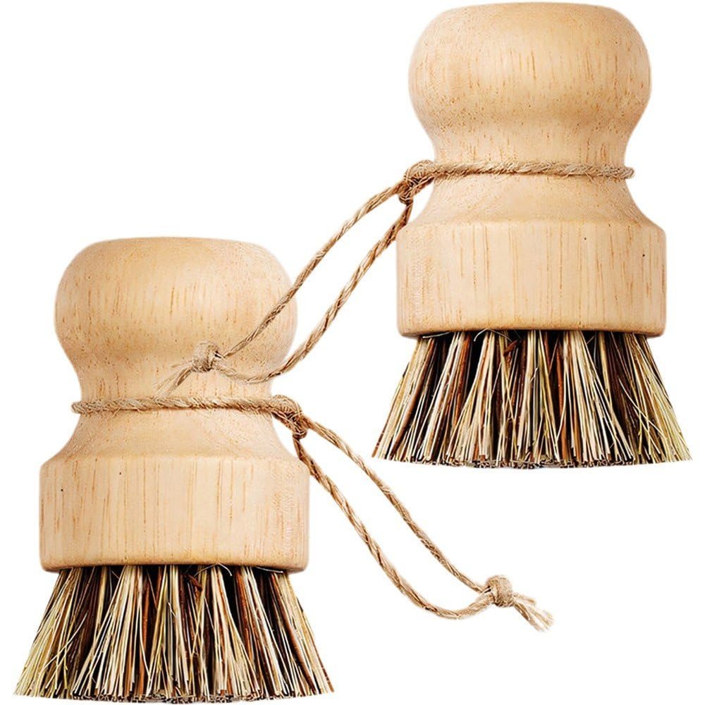 2pcs Wooden Dish Scrub Brushes, Short Handle Pot Scrubbing Brush, Round Mini Dish Brush for Cleaning Pots, Pans, Plate