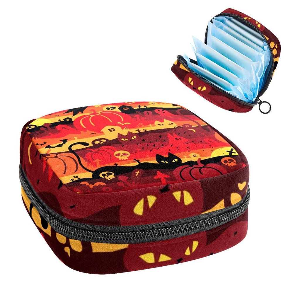 Storage Bag for Sanitary Napkin Pads, Menstrual Cup Pouch, Period Bag Organizer for Feminine Pads Tampons, Halloween Cat Skull Ghost Pumpkin