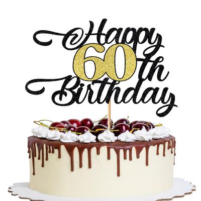 YQLXDHBD Happy 60th Birthday Cake TopperBlack Gold Glitter Cheers to 60 Years Birthday Cake Pick 60 Fabulous Cake DecorationMen and Women 60th Birthday/Anniversary Party Cake Decoration Supplies