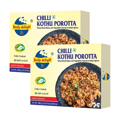 Daily Delight Chilli Kothu Porotta - 400g, Wheat Bread Flakes and Vegetables Tossed in Indian Spices, Fully Cooked, Ready to Eat (Pack of 2)