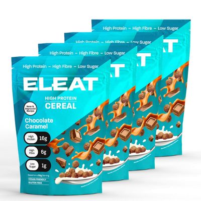 ELEAT | High Protein Low Sugar High Fibre Cereal | Muscle Recovery Healthy Gluten Free Vegan Breakfast | Complete Plant Protein | Low GI Carbs High Protein Cereals | Chocolate Caramel 4 x 250g