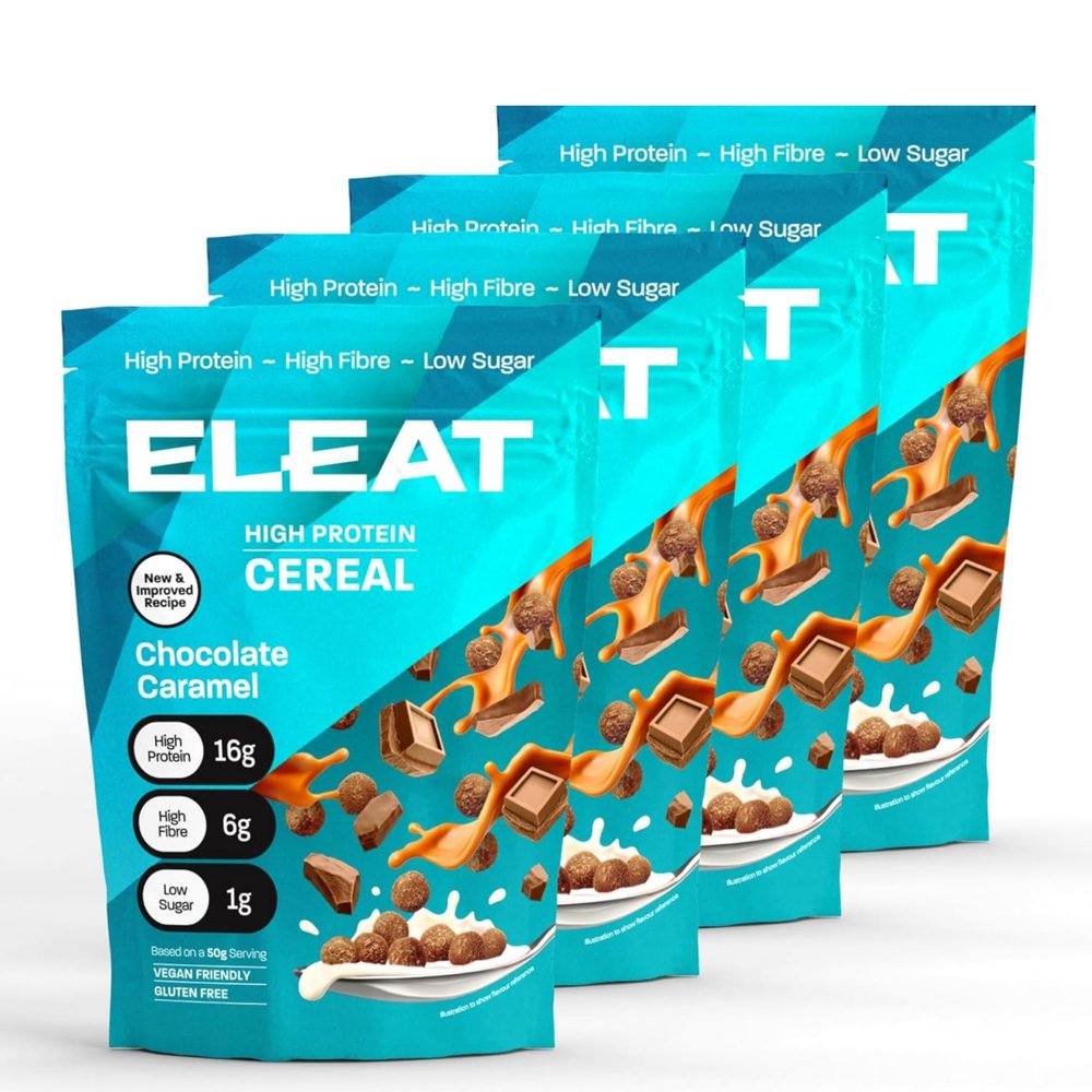 ELEAT | High Protein Low Sugar High Fibre Cereal | Muscle Recovery Healthy Gluten Free Vegan Breakfast | Complete Plant Protein | Low GI Carbs High Protein Cereals | Chocolate Caramel 4 x 250g