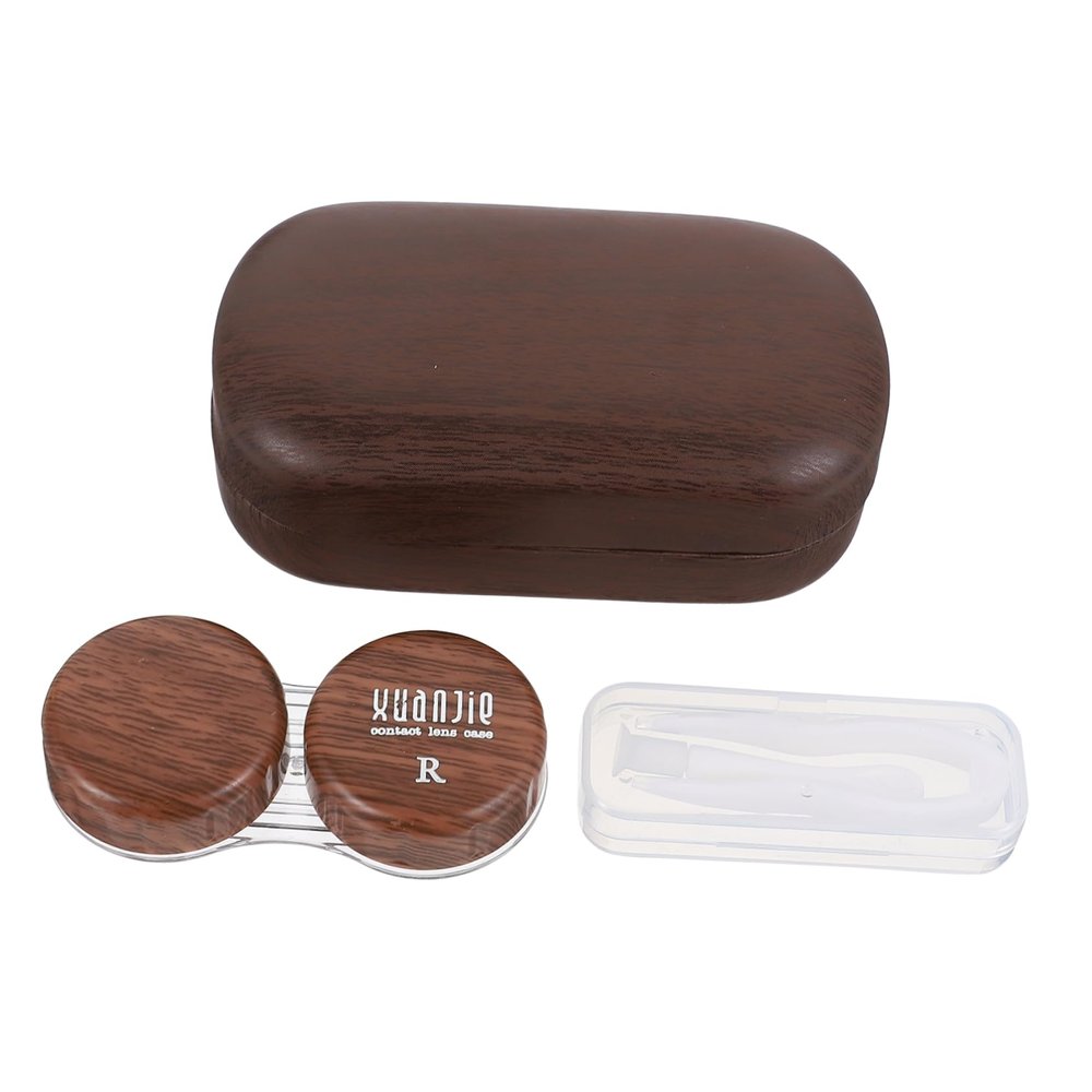 HAPINARY Vintage Leather Contact Case Double Holder Large Diameter Wood Grain Design, Leak-Proof Contacts Box Mirror and Clamp, Suitable for Travel and Daily Eye Care