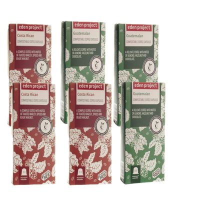 60 PLASTIC FREE Mixed Eden Project Home compostable Nespresso Compatible Capsules (3 x 10 Costa Rican, 3 x 10 Guatemalan)