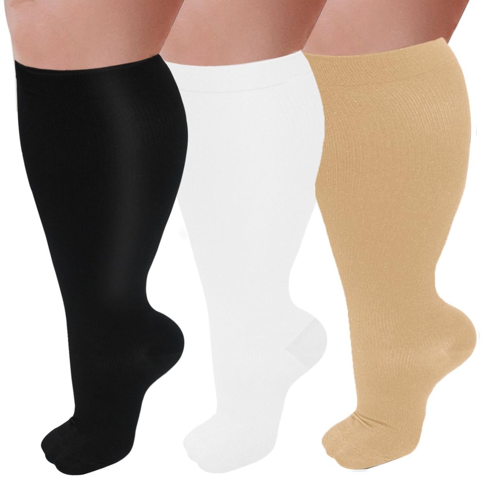 3 Pairs Plus Size Compression Socks for Women and Men Wide Calf 20-30mmhg Extra Large Knee High Support for Circulation, 04-black/Gray/Nude, 4XL
