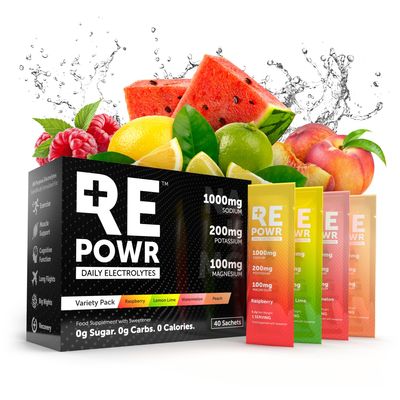 REPOWR Variety 40's Mix 1 - Clean Electrolytes Sachets Made with Natural Desert Salt | 1000mg Sodium. 200mg Potassium. 100mg Magnesium | Sugar Free. No Calories | Vegan, Keto and Fasting Friendly