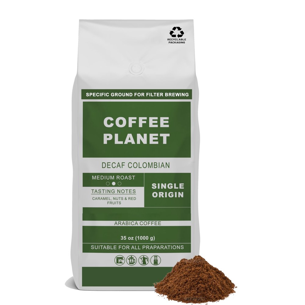 Coffee Planet | Decaf Colombia Filter Coffee - 1kg | Medium Roast | Made from Arabica Coffee Beans | Rich Flavoured