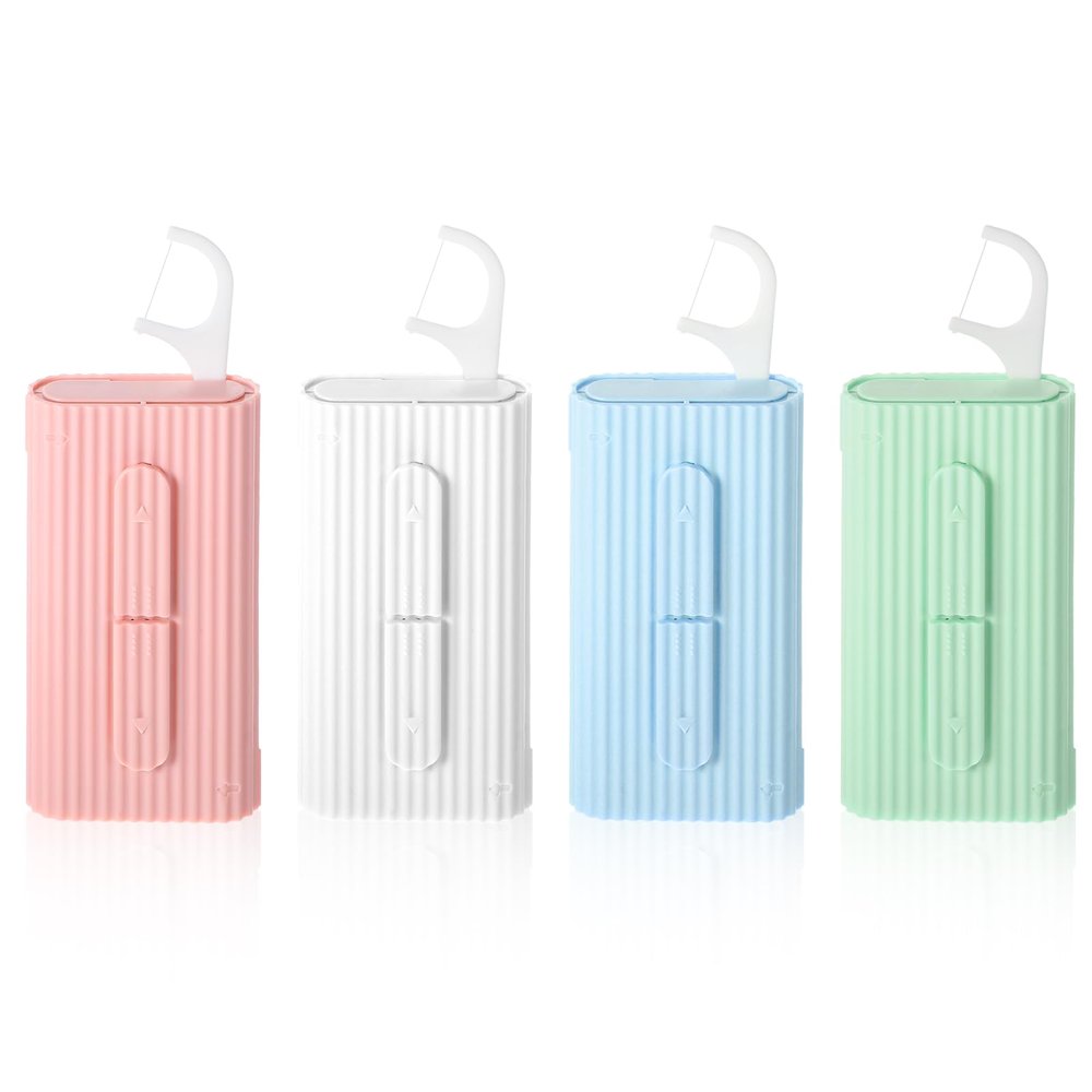 WLLHYF Portable Dental Floss Case Automatic Dental Floss Pick Organizer Case Travel Flosser Dispenser Storage Case Refillable Holder Boxes with 10 Floss Picks for Teeth Clean (White+Blue+Green+Pink)