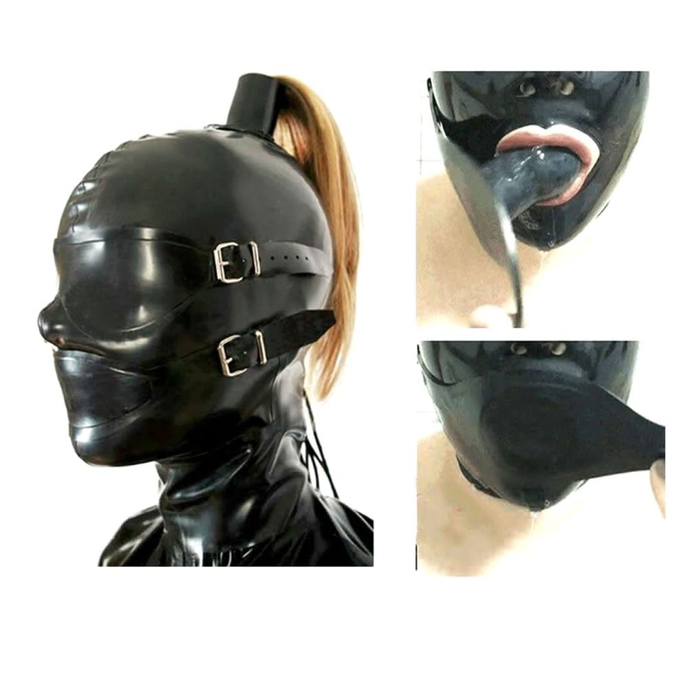 Latex Hood with Eye Patch and Braids, Sex Face Mask with Zipper and Plait, for BDSM, Party, Cosplay, Holiday (X-Large)
