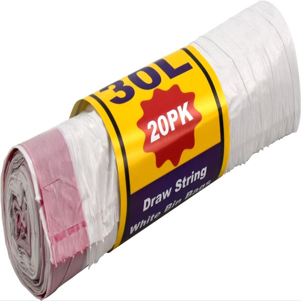 5 Packs 100 Garbage Bags Bin Liners 30 Litres White Bin Bags for Kitchen Bathroom Office Home Liner with Strings Handles (5 Packs 100 bags Draw Strings)
