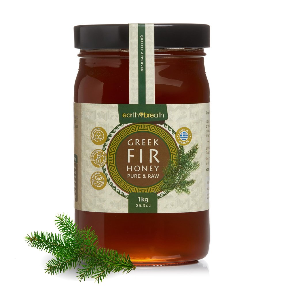 Earthbreath Fir Raw Greek Honey, 1kg - Natural, Raw, Unfiltered, and Unpasteurized Honeydew Honey, High Mineral Content, Low Sugar, Perfect for Tea, Toast, Desserts