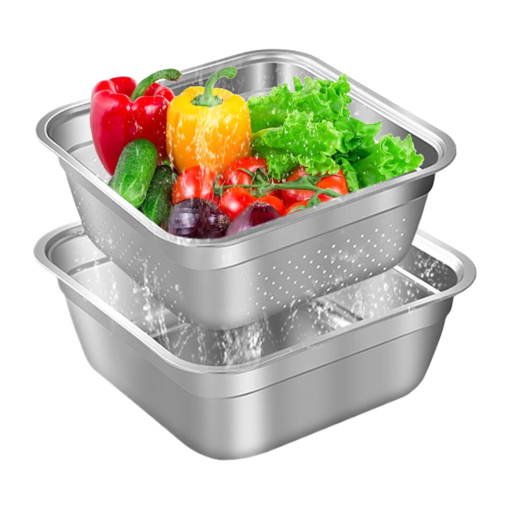 Dish Tub for Kitchen Sink Large Capacity Stainless Steel Vegetable Wash Basin with Rolled & Wide Edge Stackable Washing Basket for Fruit Vegetable Kitchen Accessories, with Drain Hole