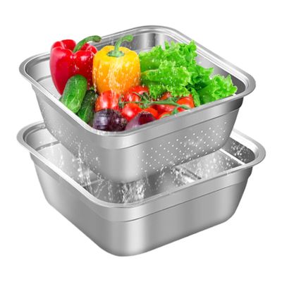 Dish Tub for Kitchen Sink Large Capacity Stainless Steel Vegetable Wash Basin with Rolled & Wide Edge Stackable Washing Basket for Fruit Vegetable Kitchen Accessories, No Drain Hole