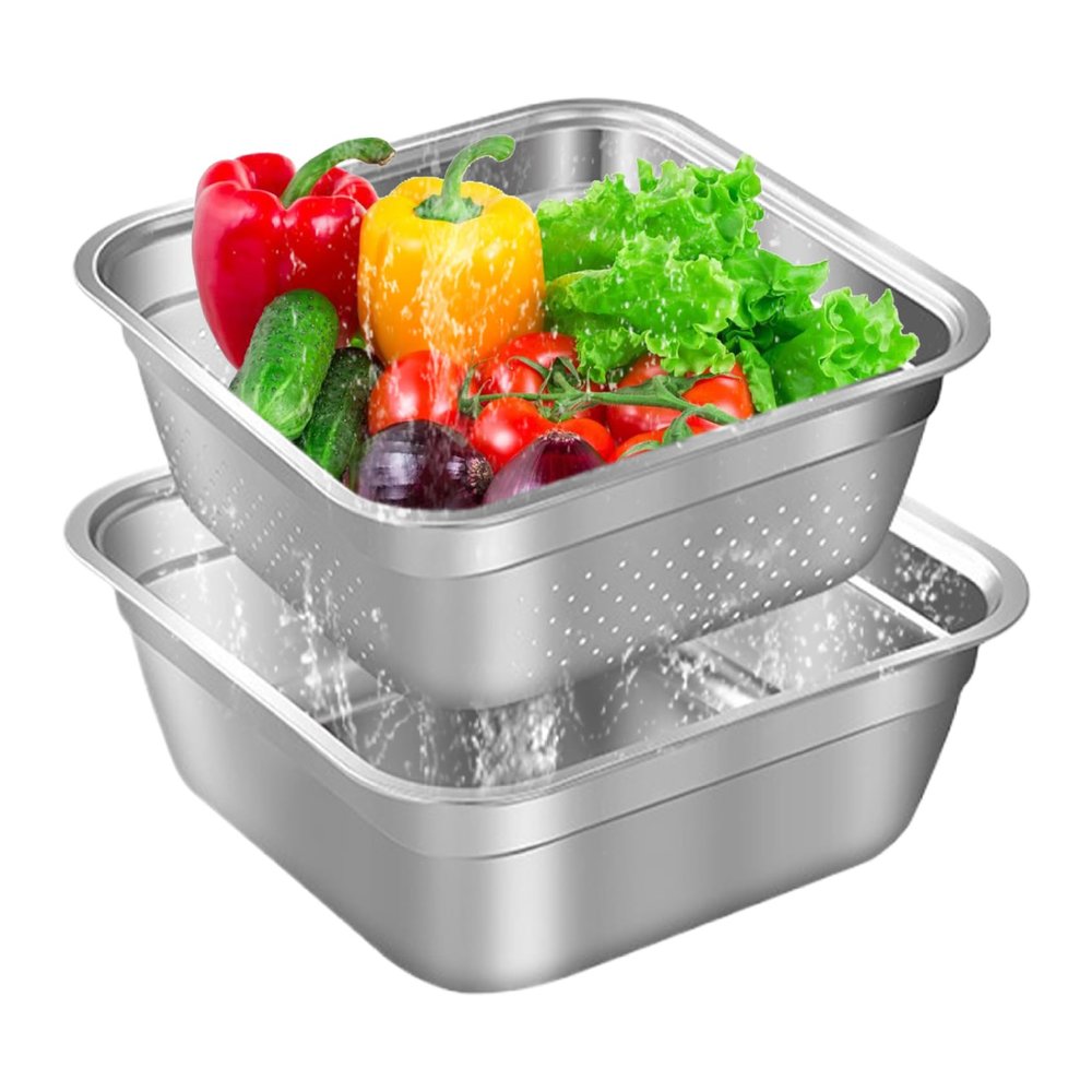 Dish Tub for Kitchen Sink Large Capacity Stainless Steel Vegetable Wash Basin with Rolled & Wide Edge Stackable Washing Basket for Fruit Vegetable Kitchen Accessories, No Drain Hole