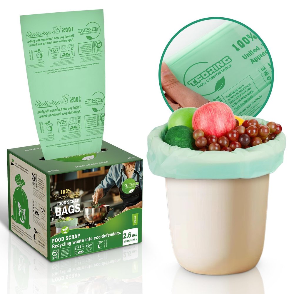 T.FORING 100% Compostable Trash Bags 2.6 Gallon - Extra Thick 0.8 Mil,9.84 Liter Small Kitchen Food Scrap Waste Bags for Countertop Bin,ASTM D6400,US BPI,CMA & Europe OK Compost Home Certified