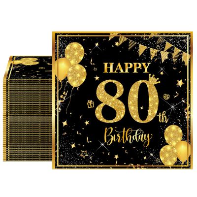 40PCS 80th Birthday Napkins Black and Gold Disposable Paper Napkins 80th Birthday Decorations for Men Women for Dinner Anniversary Wedding Party Supplies