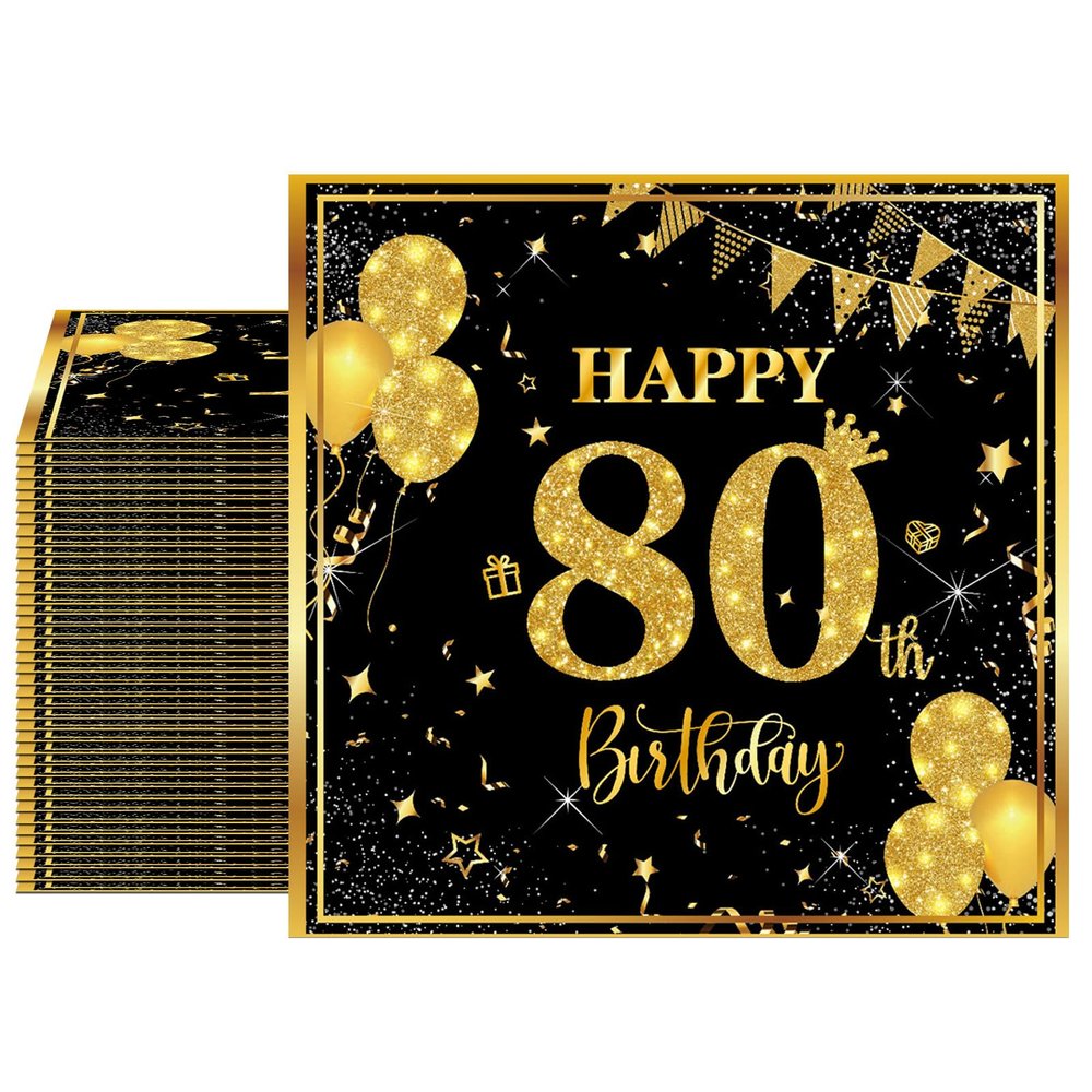 40PCS 80th Birthday Napkins Black and Gold Disposable Paper Napkins 80th Birthday Decorations for Men Women for Dinner Anniversary Wedding Party Supplies