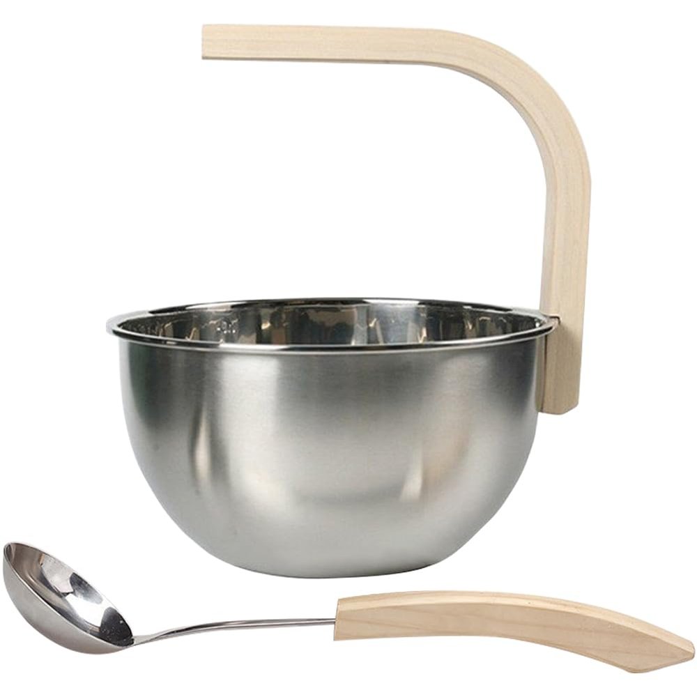 Muteitt Stainless Steel Sauna Bucket with Ladle Durable 4l Sauna Bucket with Wooden Handle Essential Spa Accessory for Steam Room