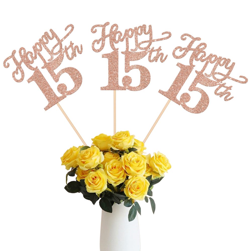 12 Pack Happy 15th Birthday Party Decorations, Glitter Happy 15th Birthday Centerpiece Sticks for Table, 15 Fabulous Table Toppers for 15th Birthday Anniversary Party Table Decorations Rose Gold