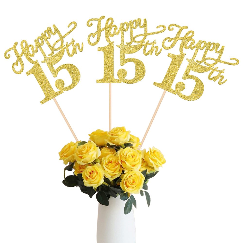 12 Pack Happy 15th Birthday Centerpiece Sticks, Double Sided Gold Glitter 15th Birthday Party Decorations, 15 Fabulous Table Toppers for 15th Birthday Anniversary Party Table Decorations