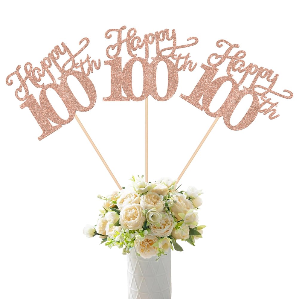 12 Pack 100th Birthday Party Decorations, Glitter Happy 100th Anniversary Birthday Centerpiece Sticks for Table, 100 Fabulous Table Toppers for 100th Anniversary Party Table Decorations Rose Gold