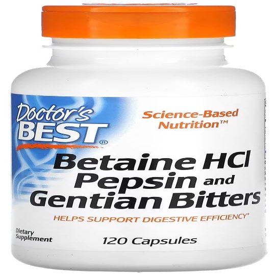 DoctorsBEST Doctor's Best - Betaine HCl Pepsin & Gentian Bitters | Support Digestion and Nutrient Absorption - 120 Capsules