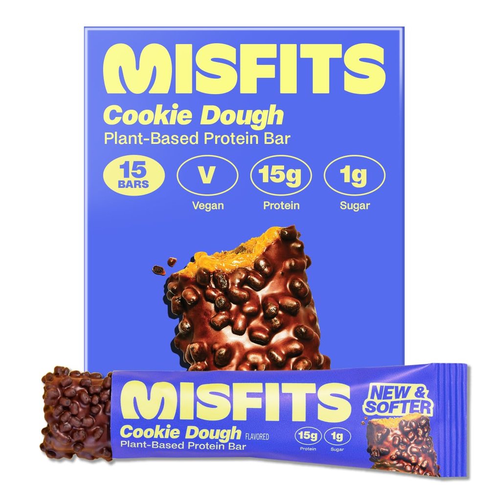 Misfits Vegan Protein Bars - Cookie Dough | Sports Nutrition Bars - 15 grams Protein | 1 gram Sugar | Plant-Based, Low Carb, High Fibre | No Palm Oil | Non-GMO | Pack of 15