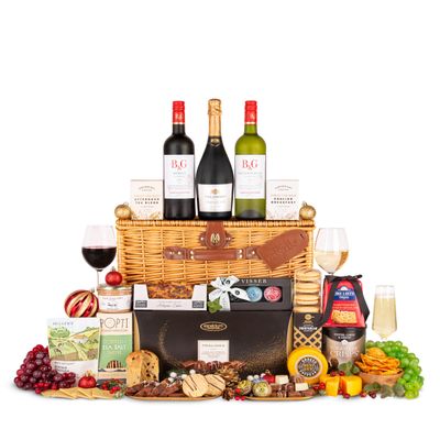 Exquisite Christmas Banquet Hamper Handcrafted Wicker Basket Filled with Fine Wines, Cheese, Chocolates, Biscuits and Tea A Luxurious Festive Gift for Family, Friends or Corporate Celebrations