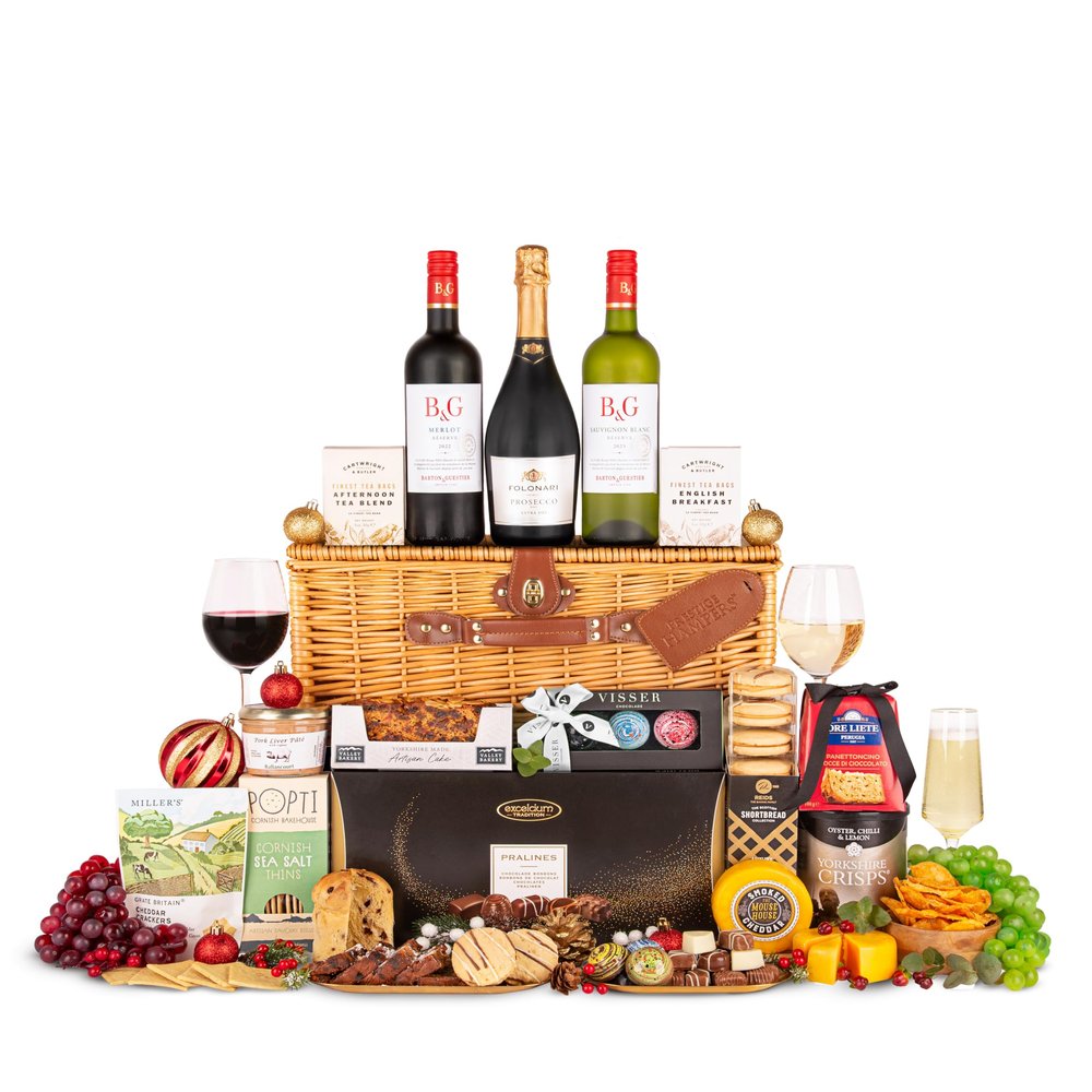 Exquisite Christmas Banquet Hamper Handcrafted Wicker Basket Filled with Fine Wines, Cheese, Chocolates, Biscuits and Tea A Luxurious Festive Gift for Family, Friends or Corporate Celebrations