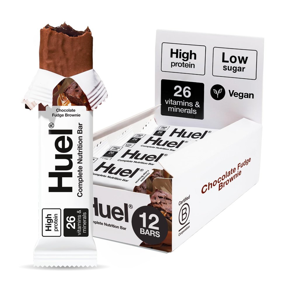 Huel Complete Nutrition Bar, 12 x 51g Bars, Chocolate Fudge Brownie, High Protein Bar, Plant-Based Protein Bars, Low Sugar, High Fibre, High-Protein Snack with Vegan Chocolate, Under 200 Calories