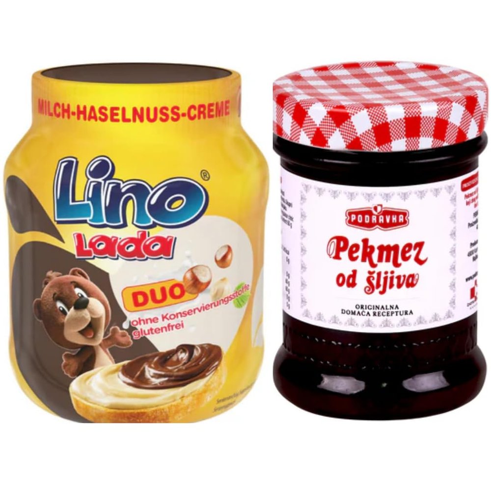 With Pufai Grocery, Plum Jam 350 g Glass + Lino Lada Duo Milk and Hazelnut Cream Chocolate Spreads Chocolate Spreads 350 g