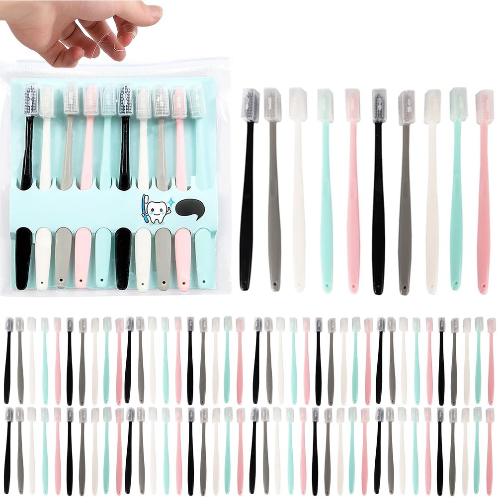 100 Pcs Disposable Toothbrushes Individually Wrapped,Soft Bristle Family Pack Toothbrush Small Head with individual lids,Travel Disposable Toothbrush Set for Guest,Camping,Hotel,Donation,5 Colors