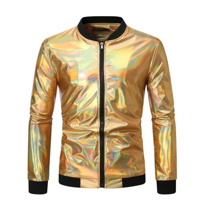 Duohropke Sequin Jacket Men's Varsity Jacket Party Disco Shiny Sparkly Glitter Bomber Jacket Light Shiny Clubwear Metallic Nightclub Jacket, gold, M