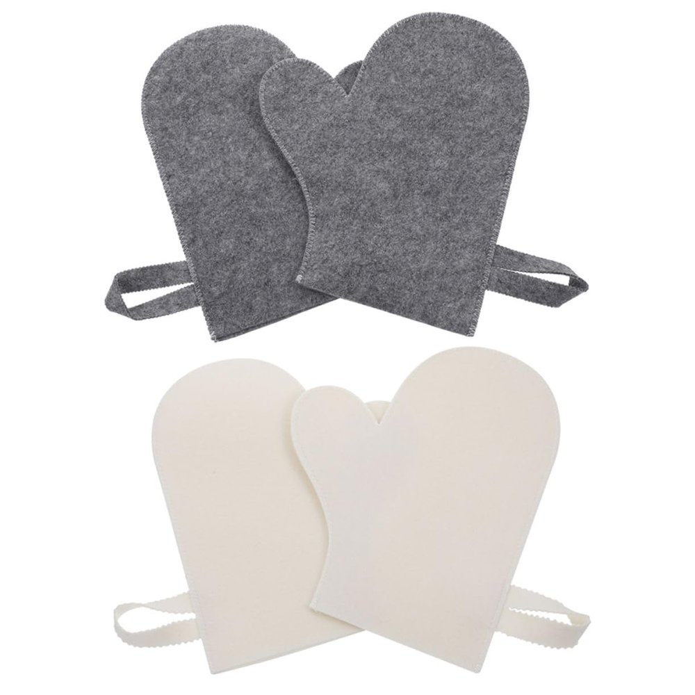 CORHAD 4pcs Water Absorbing Felt Sauna Mittens and Exfoliating Gloves Set for Sauna and Shower, Heat Insulation Hand Protection Mitts, Grey and White Bath Scrubbing Accessories