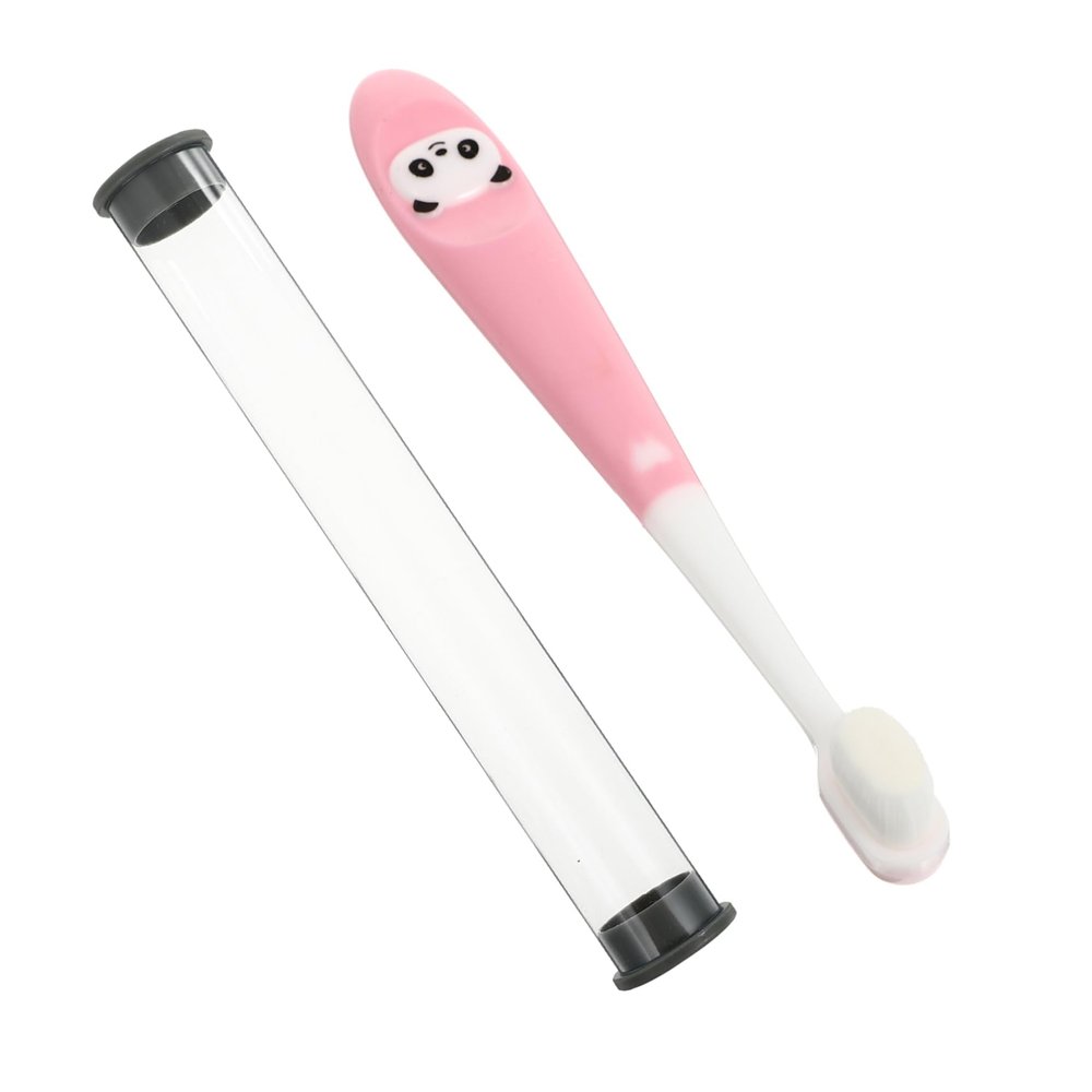 PLAFOPE Children's Manual Toothbrush with Supple Bristles and Non-Slip Handle for Babies and Boys and Girls Aged 2-12, Pink Toothbrush with Storage Bucket for Easy Oral Cleaning
