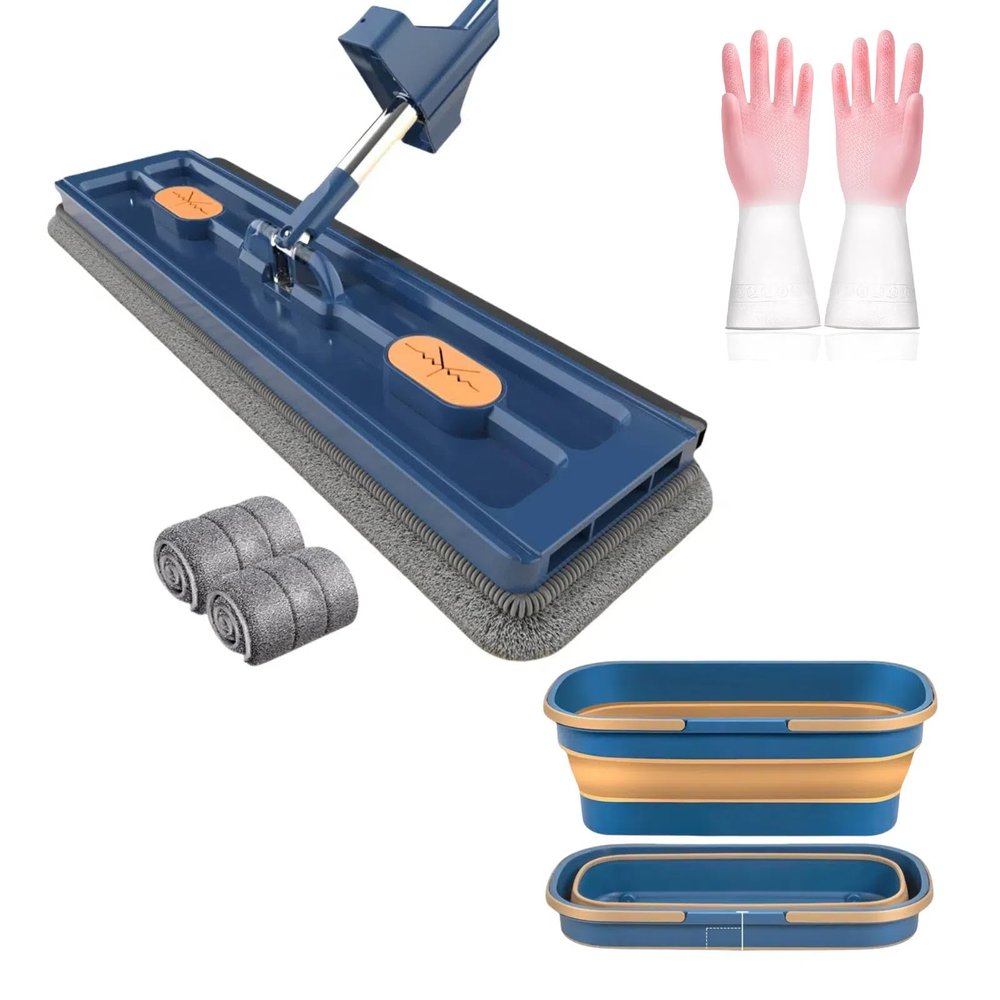 2024 New Magic Large Flat Mop, Self Wringing Microfiber Mop with Microfiber Pads, 360 Rotating Wet and Dry for Floor Cleaning (Blue, Mop + 2 Mop Cloths + Bucket)