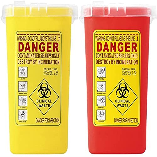 2 Pack 1 Quart Sharps Container Biohazard Disposal Needle Collect Box Red & Yellow