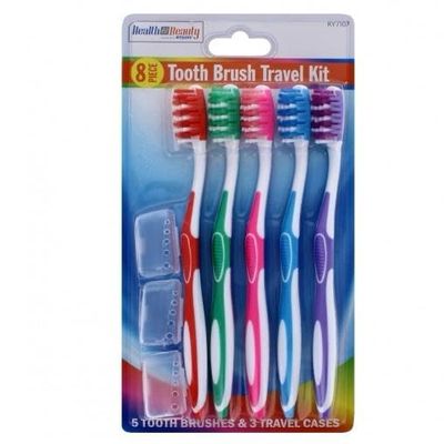 Rysons 5 Pack Soft Round Nylon Bristle Toothbrush with Multicolour Travel Cases