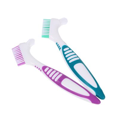 FRCOLOR Denture Cleaning Brush 2pcs Double-Sided Denture Toothbrush with Large Non-Slip Handle for False Teeth Care at Home, Portable Dental Hygiene Supply in Green and Purple