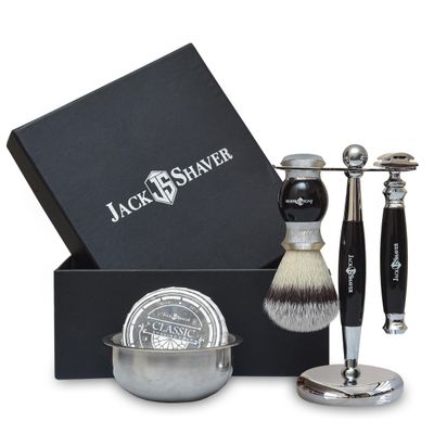 Jack Shaver Mens Shaving Set- Personal 5Pc Shaving Kit for Men - Synthetic Badger Shaving Brush - Double Edge Shaving Razor - Shaving Soap and Bowl  Shaving Stand - Best Gift for Men