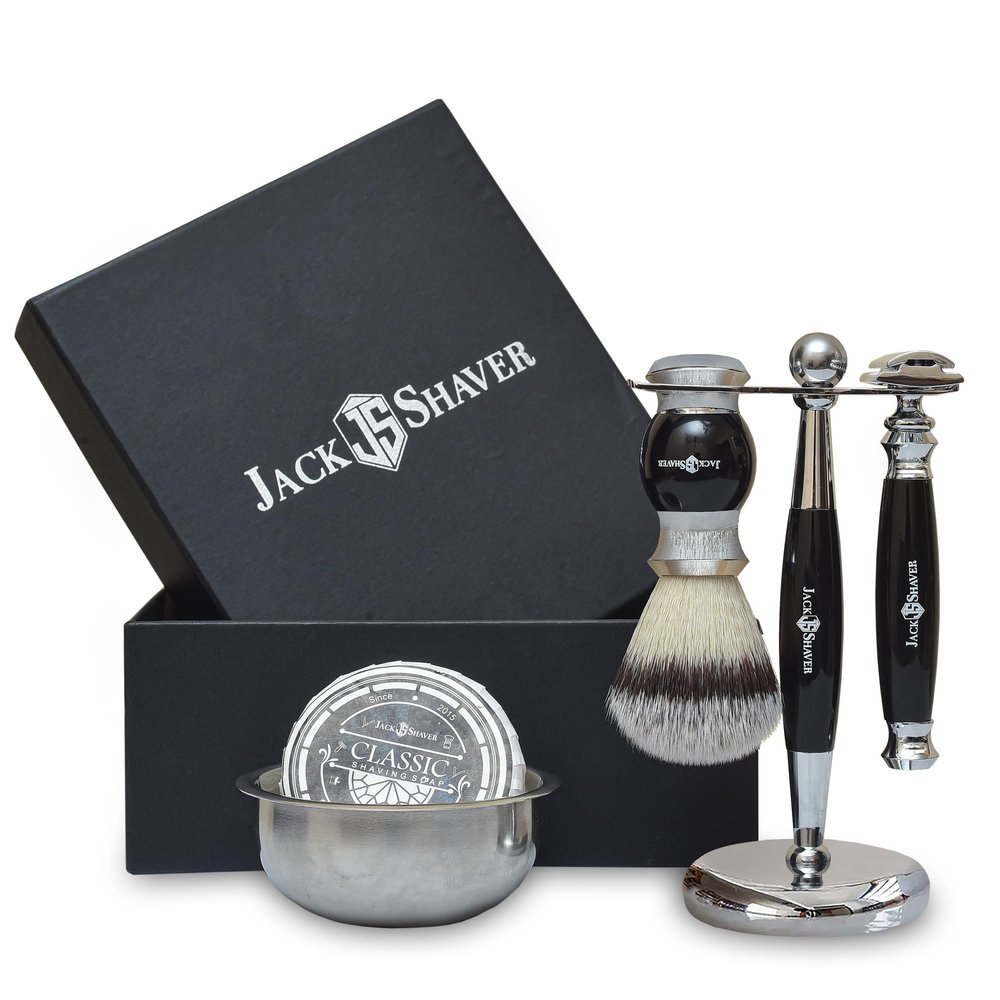 Jack Shaver Mens Shaving Set- Personal 5Pc Shaving Kit for Men - Synthetic Badger Shaving Brush - Double Edge Shaving Razor - Shaving Soap and Bowl  Shaving Stand - Best Gift for Men