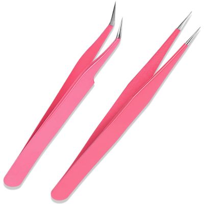 KINDOYO 2 Pieces Straight and Curved Stainless Steel Tweezers Kit - Pointed Tips for Eyelash Extensions, DIY Crafts, Nail Art, Jewelry Making