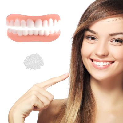 Fake Teeth Whitening 2 Pairs Temporary Dentures Adjustable, False Tooth Replacement Clip on Veneers Teeth Top and Bottom Set, Teeth Straightening Kit Snap on Veneers Dentures for Men Women