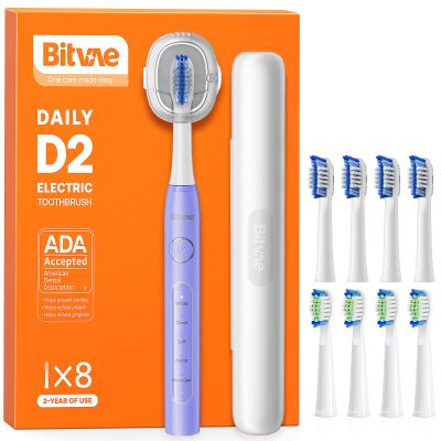 Bitvae Ultrasonic Electric Toothbrush for Adults and Kids, ADA Accepted Travel Electric Toothbrush with Rechargeable 60-Day Battery Life, 8 Toothbrush Heads, 5 Modes, Toothbrush Holder, Purple