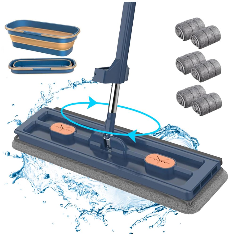 8Pcs/Set Flat Mop And Bucket System 360 Rotating Flat Mop and Collapsible Mop Bucket with Wheels, Floor Mop with 6 Washable & Reusable Microfiber Pads for Home, Office