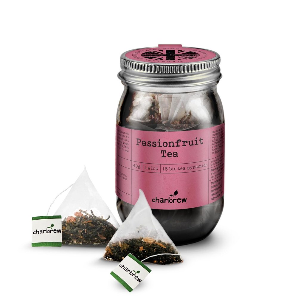 Charbrew Tea Blend  16 Compostable Fine Mesh Pyramid Teabag Infusers with String & Tag in Reusable Glass Mason Jar Premium Tea from Sri Lanka 40g/1.14oz (Passionfruit)